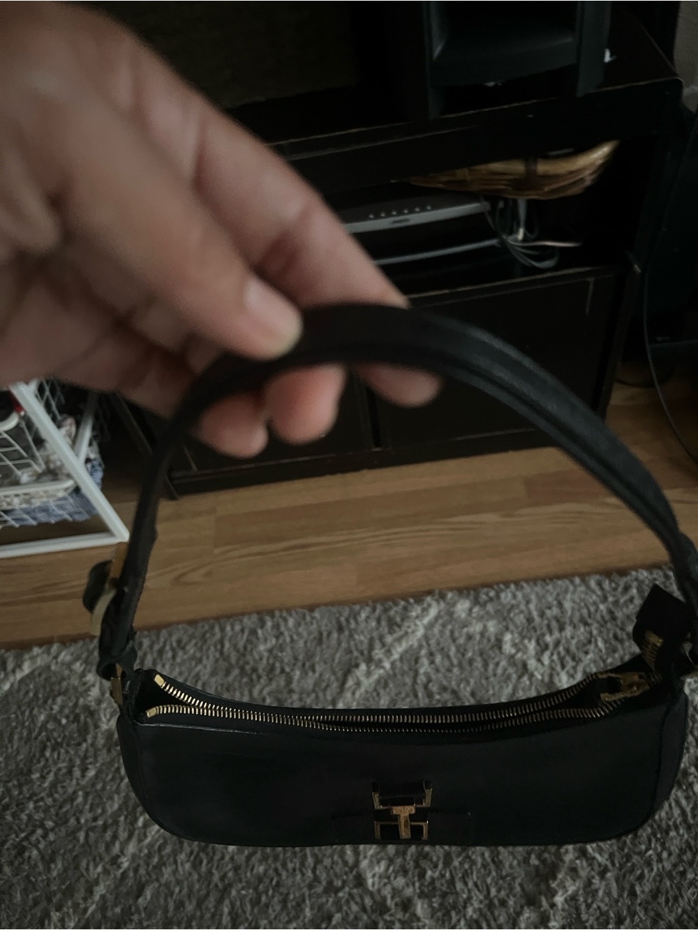 Black Leather Shoulder Bag with Gold Hardware